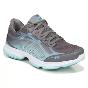 Gray and teal athletic shoe with mesh and synthetic overlays, designed for support and cushioning, featuring a lace-up style and a cushioned sole.
