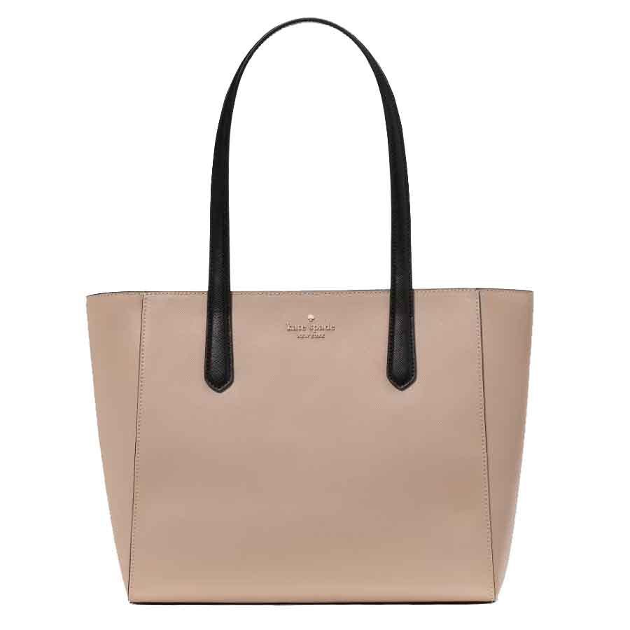 A beige tote bag with black handles and a subtle logo imprint on the front, designed for everyday use.