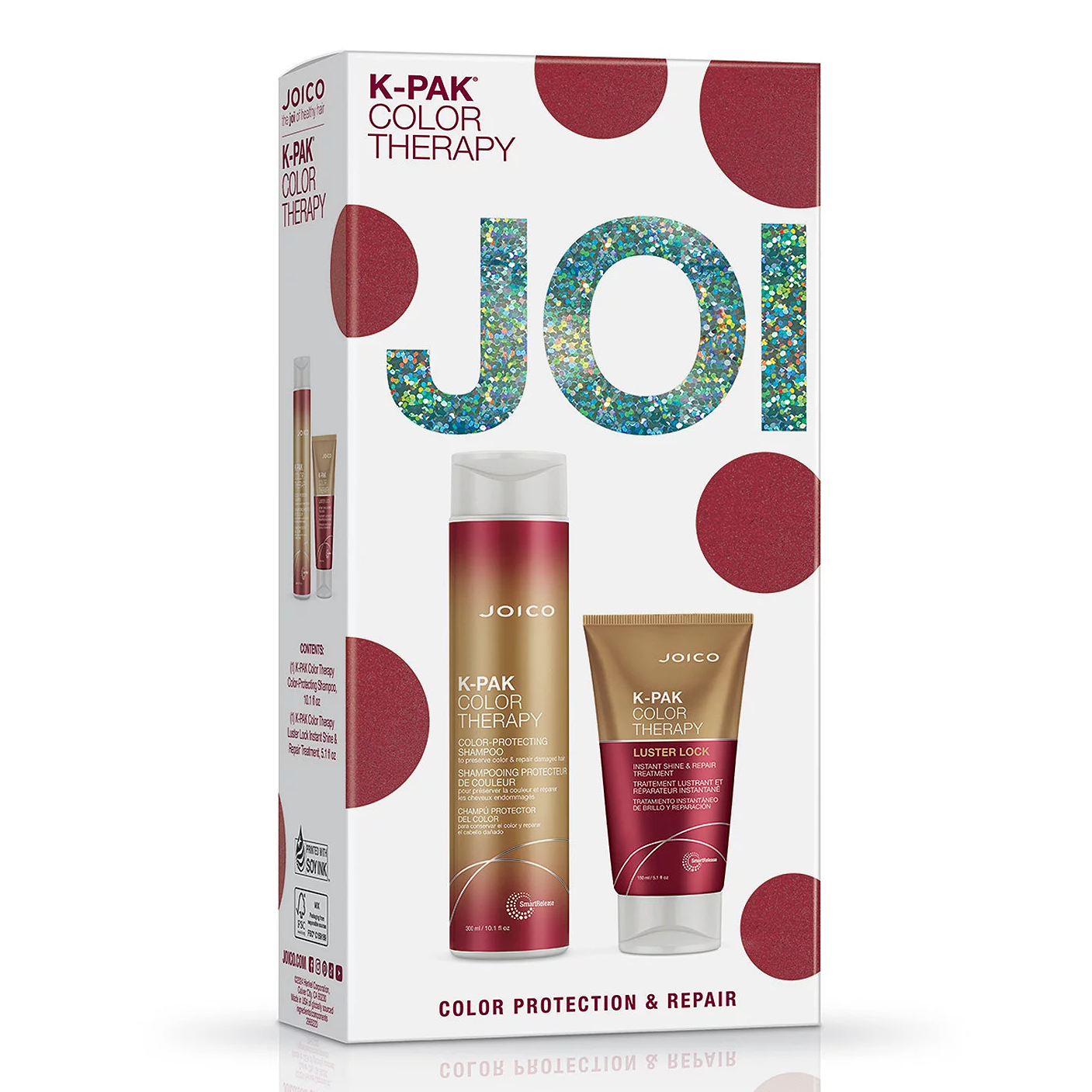 A 2-piece Joico K-PAK Color Therapy set featuring a shampoo and a luster lock treatment, packaged in a red and white box with \“JOI\“ depicted in a colorful mosaic pattern.