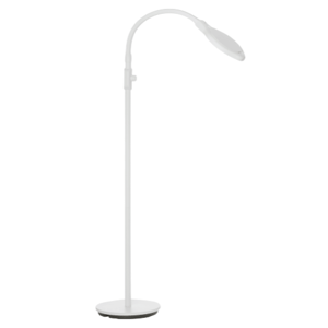 A tall, white, adjustable floor lamp with a curved neck and circular base.