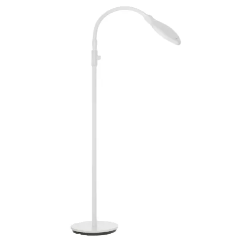 A tall, white, adjustable floor lamp with a curved neck and circular base.