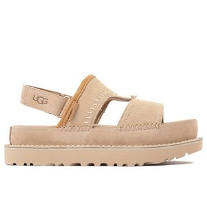A beige UGG sandal featuring a platform sole, slingback strap, and visible stitching, designed for casual wear.