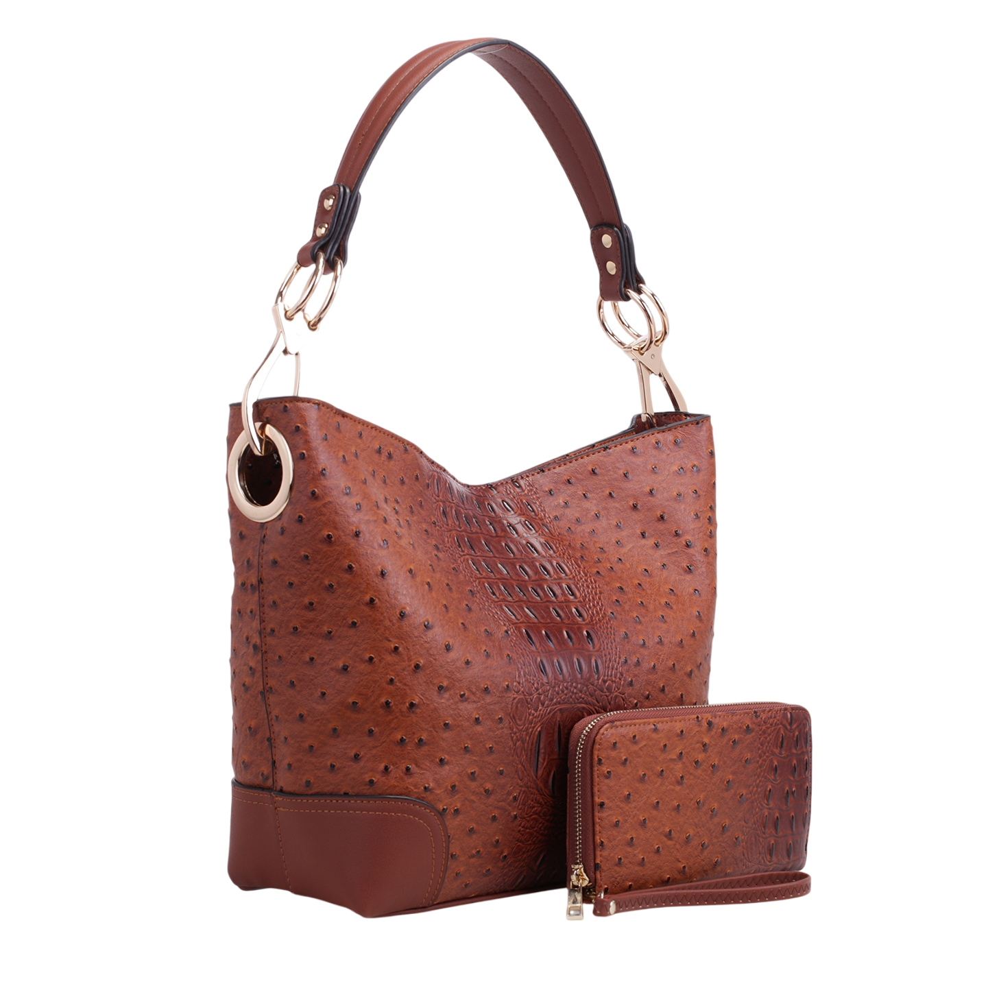 Tan leather shoulder bag with an ostrich pattern and gold-tone hardware, accompanied by a matching zippered wallet.