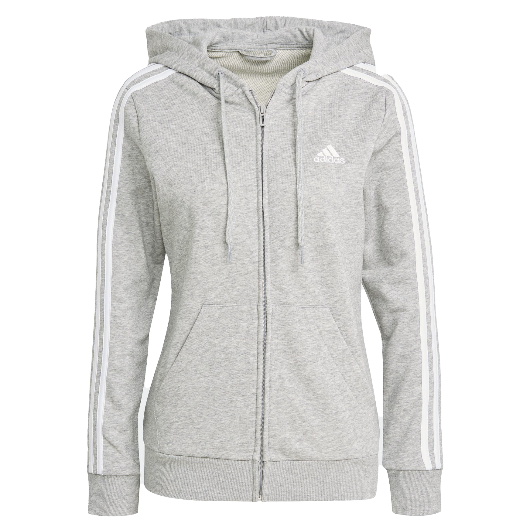 Gray Adidas women's hooded jacket with a front zipper, drawstring hood, and dual front pockets. Features signature white stripes on the sleeves and the Adidas logo on the chest.