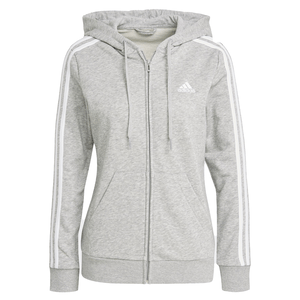 Gray Adidas women's hooded jacket with a front zipper, drawstring hood, and dual front pockets. Features signature white stripes on the sleeves and the Adidas logo on the chest.
