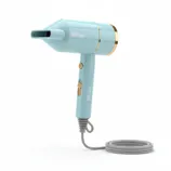 A light blue hair dryer labeled \“bliss,\“ featuring gold accents, a sleek design, and a coiled power cord.