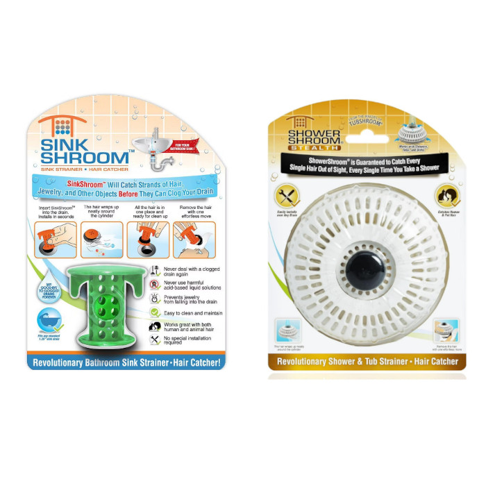 SinkShroom and ShowerShroom are bathroom strainers designed to catch hair and prevent drain clogs. SinkShroom fits in sinks, while ShowerShroom suits showers and tubs. Both are easy to install and clean.
