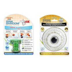 SinkShroom and ShowerShroom are bathroom strainers designed to catch hair and prevent drain clogs. SinkShroom fits in sinks, while ShowerShroom suits showers and tubs. Both are easy to install and clean.