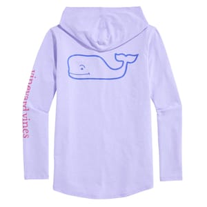 Lavender hoodie tee featuring a blue smiling whale graphic on the back and \“vineyard vines\“ printed in red on the sleeve.