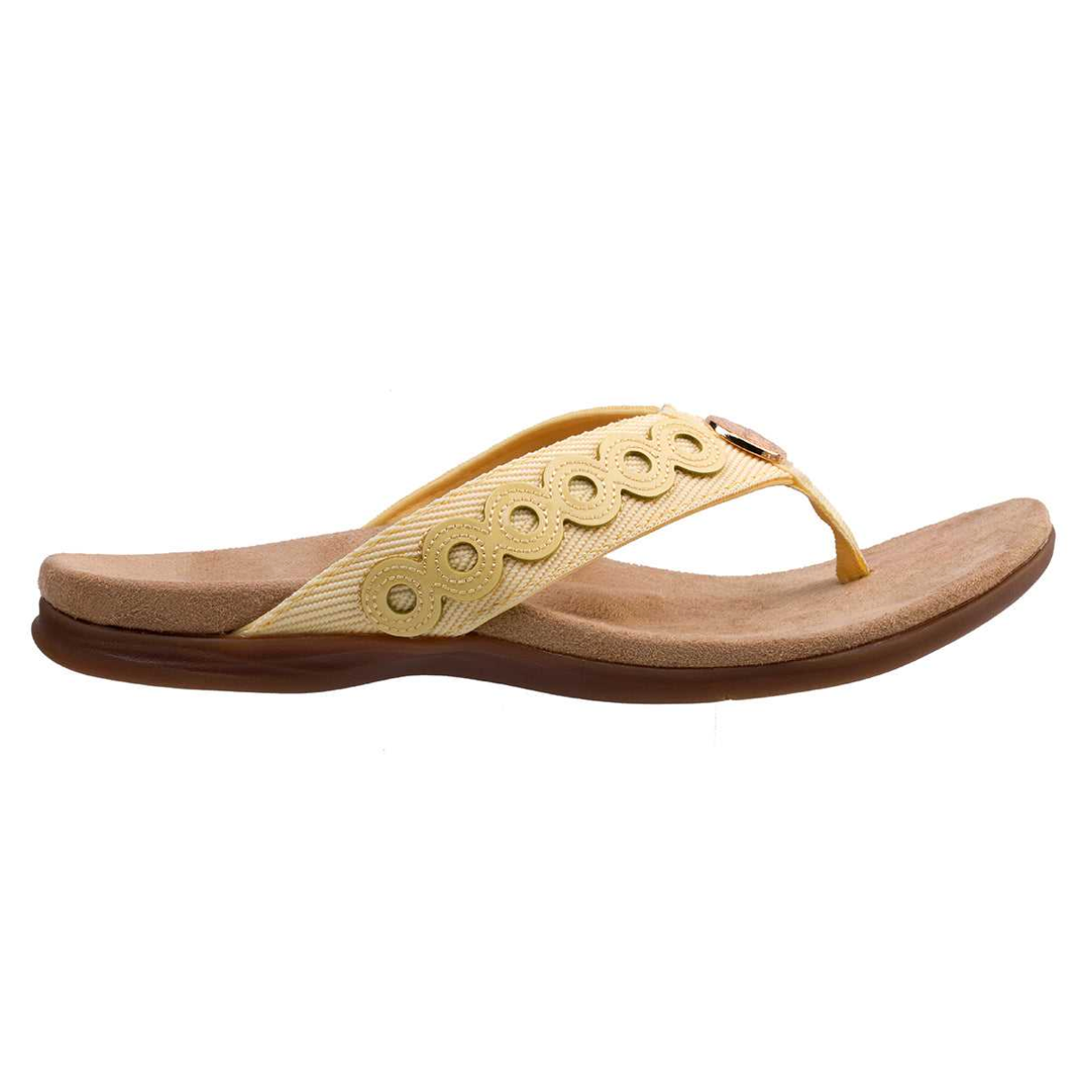 Yellow flip-flop sandal with a decorative circular pattern on the strap and a cushioned brown sole.