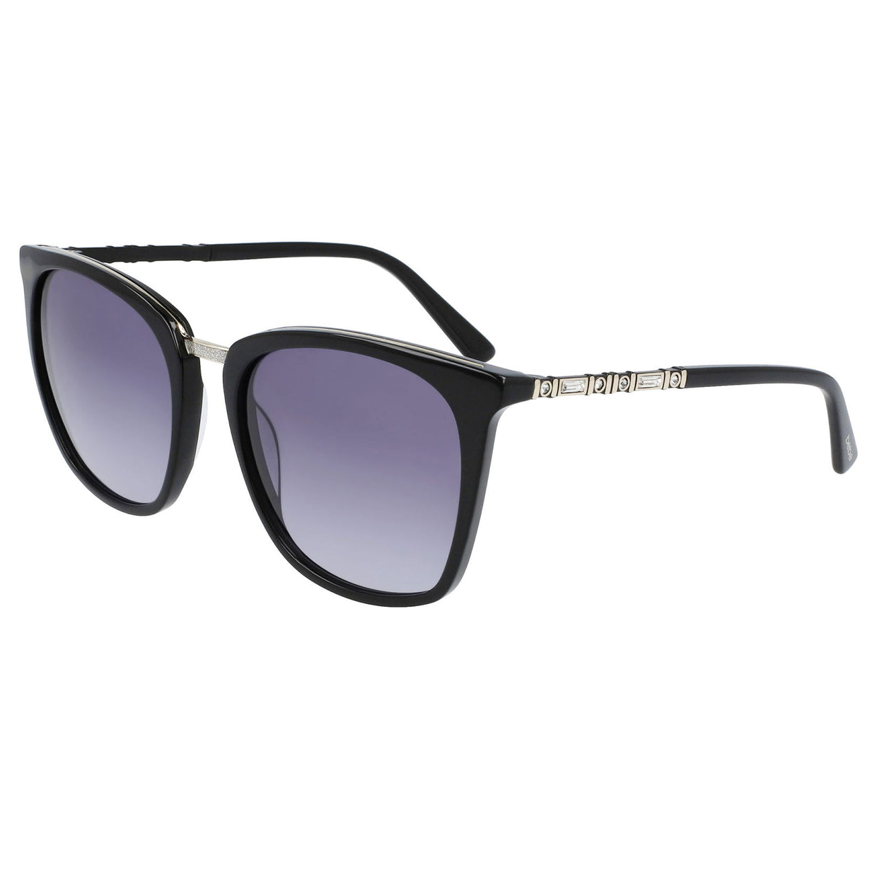Black sunglasses with square frames, featuring gradient lenses and decorative elements on the arms.