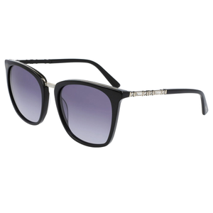 Black sunglasses with square frames, featuring gradient lenses and decorative elements on the arms.