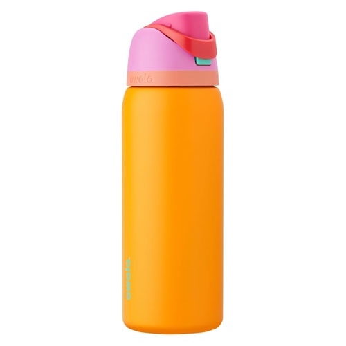 a orange Owala water bottle with a pink top