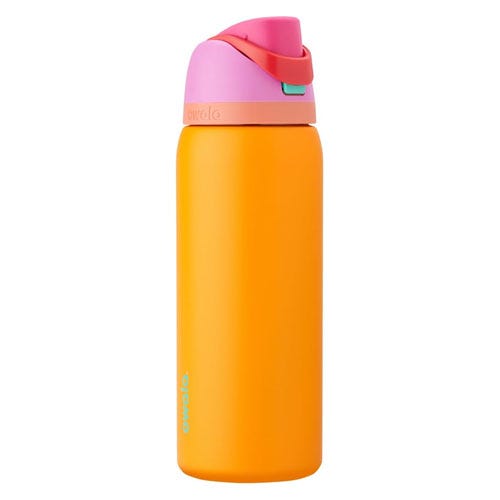 a orange Owala water bottle with a pink top