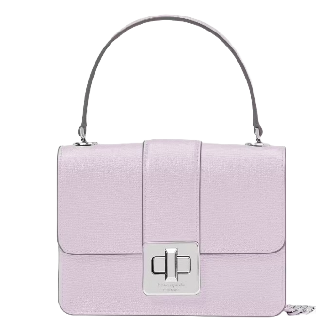 A lilac-colored handbag with a structured design, featuring a top handle and a rectangular silver turn-lock closure on the front flap.