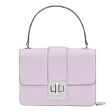 A lilac-colored handbag with a structured design, featuring a top handle and a rectangular silver turn-lock closure on the front flap.