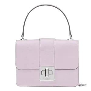 A lilac-colored handbag with a structured design, featuring a top handle and a rectangular silver turn-lock closure on the front flap.