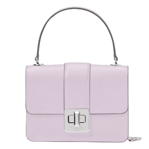 A lilac-colored handbag with a structured design, featuring a top handle and a rectangular silver turn-lock closure on the front flap.
