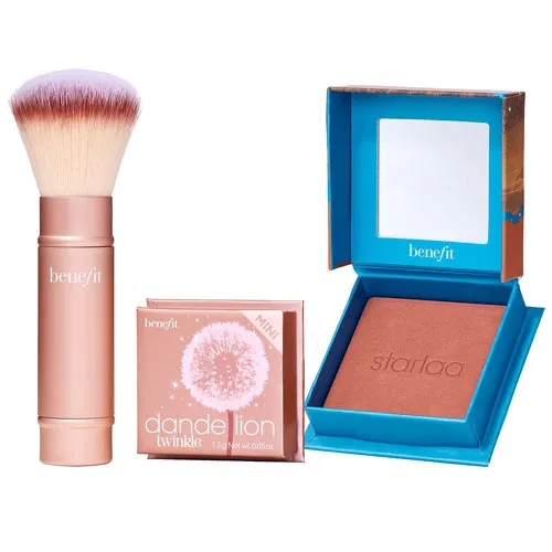 Benefit 3pc Blush & Highlighter Set includes a retractable powder brush, a mini Dandelion Twinkle highlighter, and a Starlaa blush.