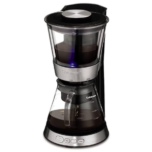 Cuisinart Cold Brew Coffee Maker with a clear top chamber and glass carafe, featuring brew strength options labeled Brew, Mild, Medium, and Bold on the base.