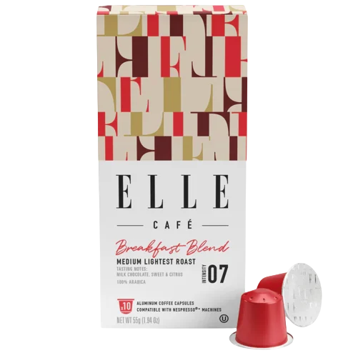 ELLE Café Breakfast Blend coffee, medium lightest roast, features tasting notes of milk chocolate, sweet, and citrus. Contains 10 aluminum capsules compatible with Nespresso machines.