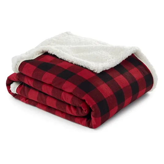 Red and black checkered blanket with a white sherpa lining, folded neatly.