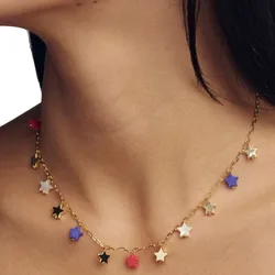 A necklace with a gold chain features star-shaped pendants in various colors, including gold, black, purple, red, and white.