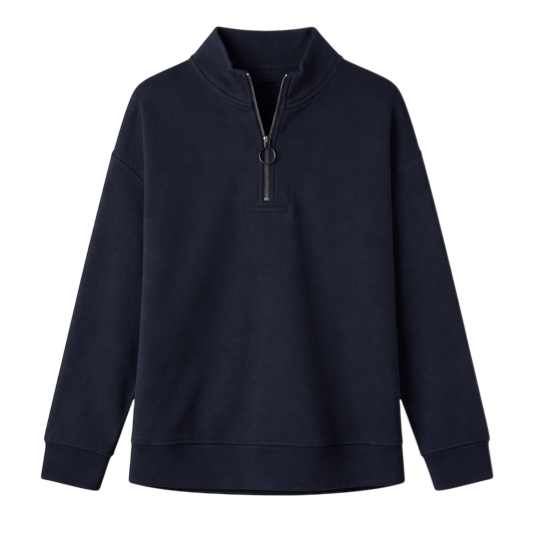 A navy half-zip pullover with a high collar and long sleeves, featuring a large ring zipper pull.