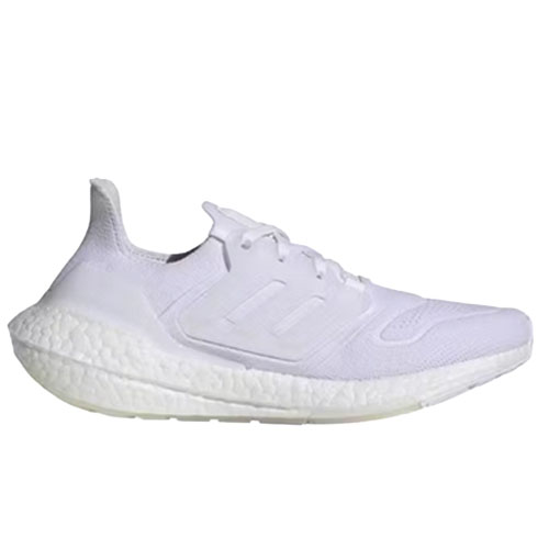 White Adidas running shoe with a textured Boost sole and minimalist design.