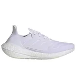 White Adidas running shoe with a textured Boost sole and minimalist design.