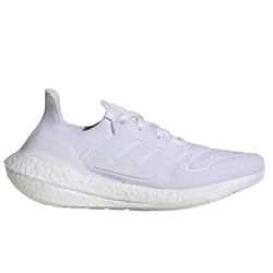 White Adidas running shoe with a textured Boost sole and minimalist design.