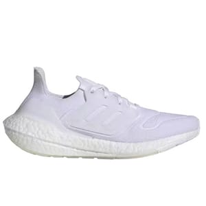 White Adidas running shoe with a textured Boost sole and minimalist design.