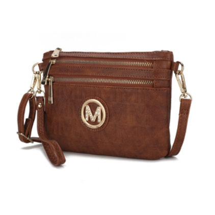 A brown MKF crossbody wristlet with a gold-toned circular logo, front zipper pocket, and an adjustable strap.