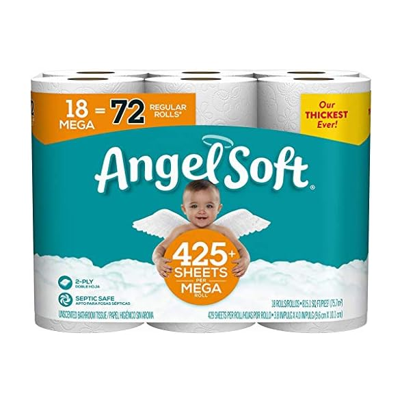 Angel Soft toilet paper, 18 mega rolls equaling 72 regular rolls, with each mega roll having 425+ sheets. The package is septic safe, 2-ply, and advertised as \“Our Thickest Ever\“.
