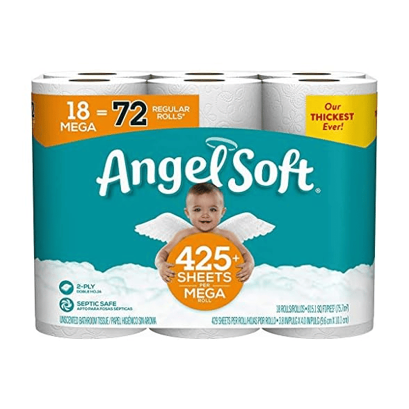Angel Soft toilet paper, 18 mega rolls equaling 72 regular rolls, with each mega roll having 425+ sheets. The package is septic safe, 2-ply, and advertised as \“Our Thickest Ever\“.