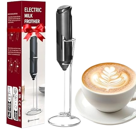 Electric milk frother with a sleek black design, shown with a packaging box and a cup of coffee displaying latte art.