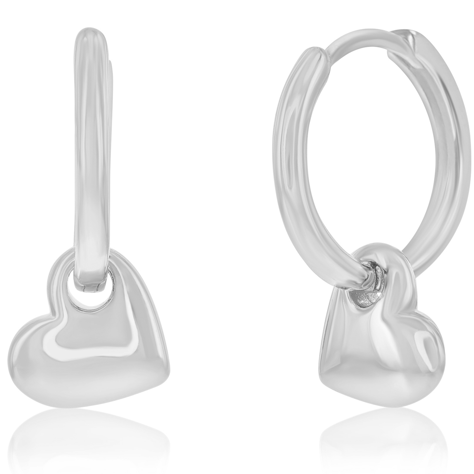 Silver Heart Huggie Earrings feature seamless hoop designs with delicate heart-shaped pendants. The smooth, polished finish offers an elegant and timeless look.