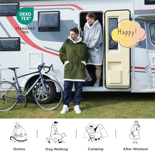 Two people wearing oversized hooded blankets outside a camper, suitable for activities like games, dog walking, camping, and after workouts are shown. The OEKO-TEX Standard 100 certification is indicated.