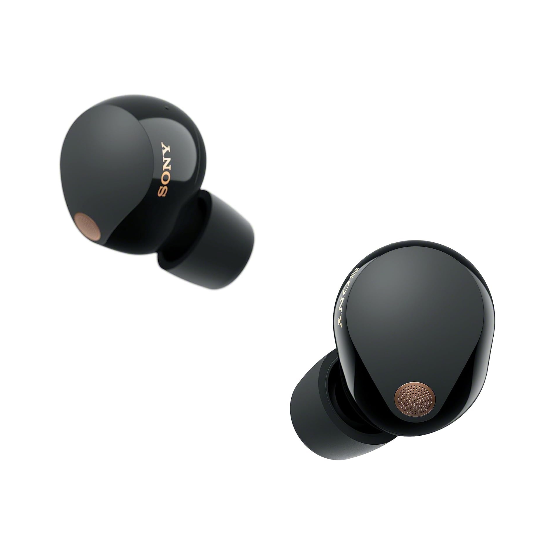Sony XM5 Earbuds are black wireless in-ear headphones featuring a sleek, rounded design with visible brand marking and subtle copper accents on the outer surface.