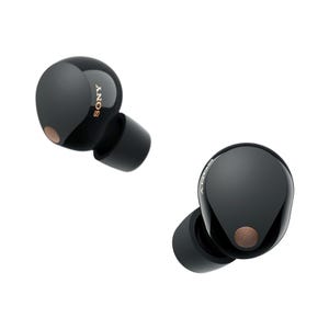 Sony XM5 Earbuds are black wireless in-ear headphones featuring a sleek, rounded design with visible brand marking and subtle copper accents on the outer surface.