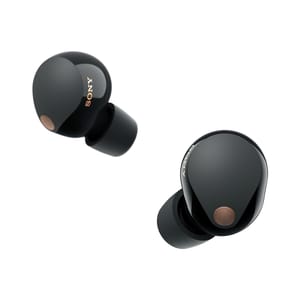 Sony XM5 Earbuds are black wireless in-ear headphones featuring a sleek, rounded design with visible brand marking and subtle copper accents on the outer surface.