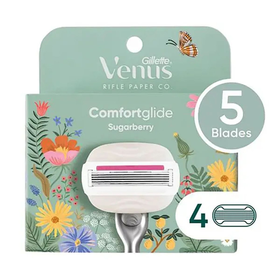 Gillette Venus Comfortglide Sugarberry Razor Refills feature 5 blades with 4 refill cartridges per pack. Designed with floral packaging, they promise a smooth shaving experience.