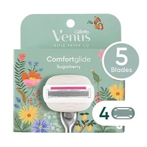 Gillette Venus Comfortglide Sugarberry Razor Refills feature 5 blades with 4 refill cartridges per pack. Designed with floral packaging, they promise a smooth shaving experience.