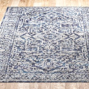 An 8' x 10' area rug featuring an intricate pattern with shades of blue and white, set against a hardwood floor.