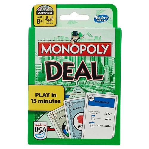 a green box containing a Monopoly card game