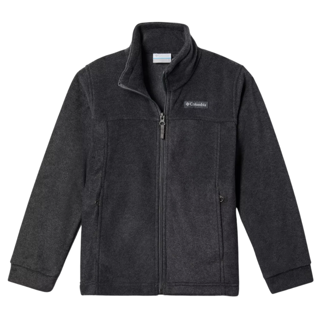Dark gray fleece jacket with a high collar, full zipper, two side pockets, and a logo on the chest.