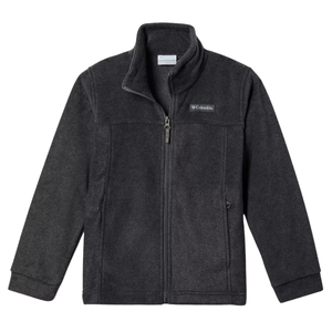Dark gray fleece jacket with a high collar, full zipper, two side pockets, and a logo on the chest.