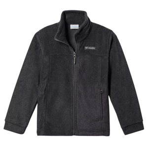 Dark gray fleece jacket with a high collar, full zipper, two side pockets, and a logo on the chest.