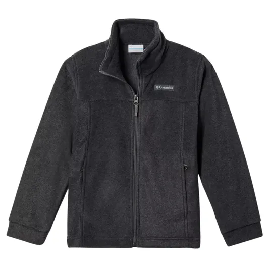 Dark gray fleece jacket with a high collar, full zipper, two side pockets, and a logo on the chest.