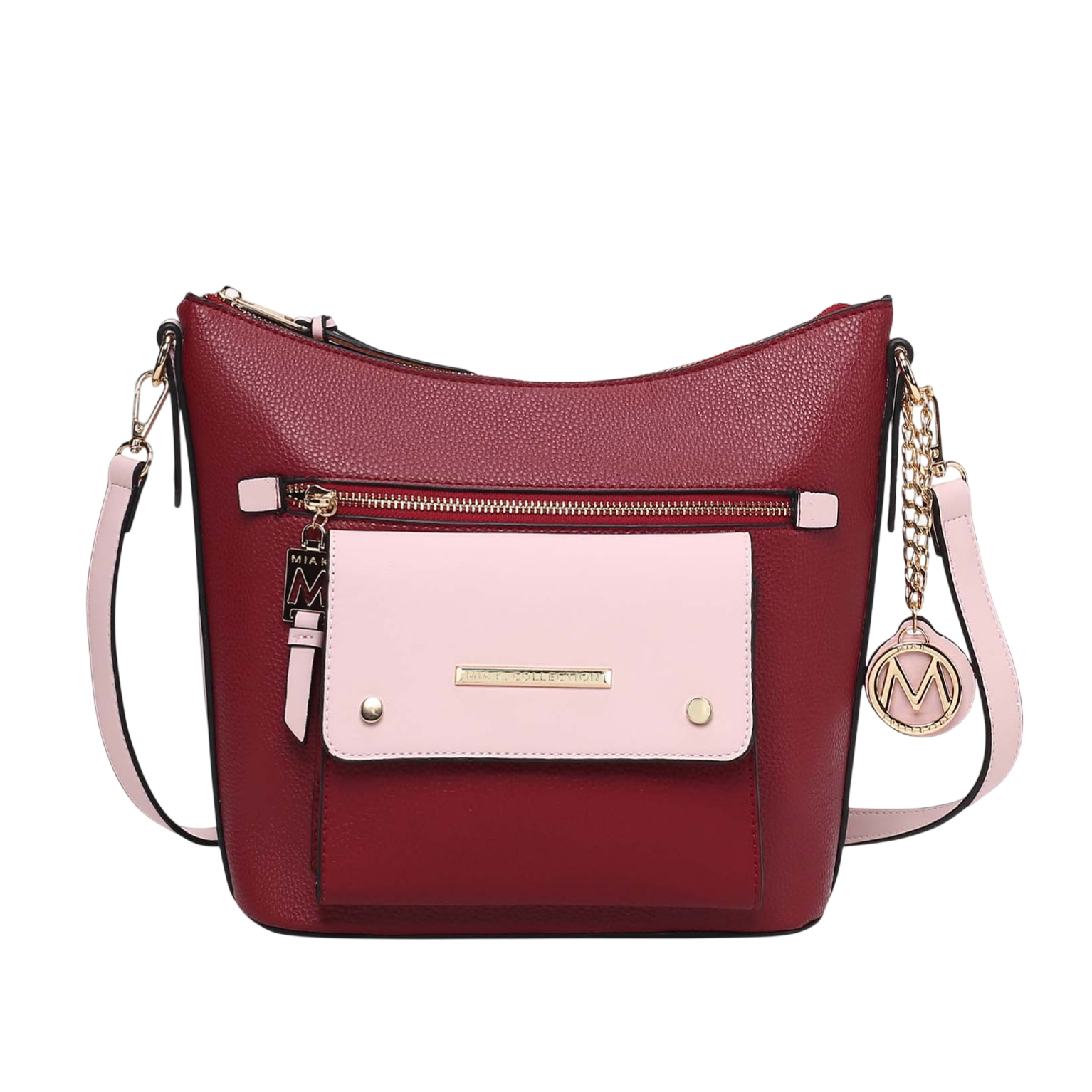 A burgundy and pink crossbody bag with a front pocket, gold accents, and a detachable strap.